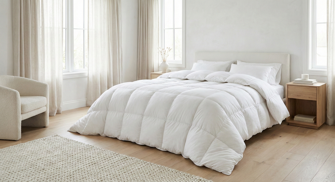 Couette haut de gamme blanche au gonflant exceptionnel dressée sur un lit king size dans une chambre de luxe.
