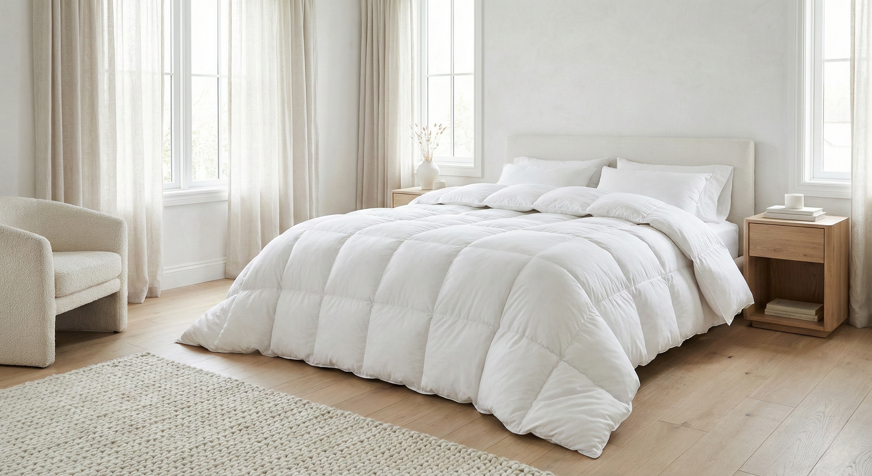 Couette haut de gamme blanche au gonflant exceptionnel dressée sur un lit king size dans une chambre de luxe.