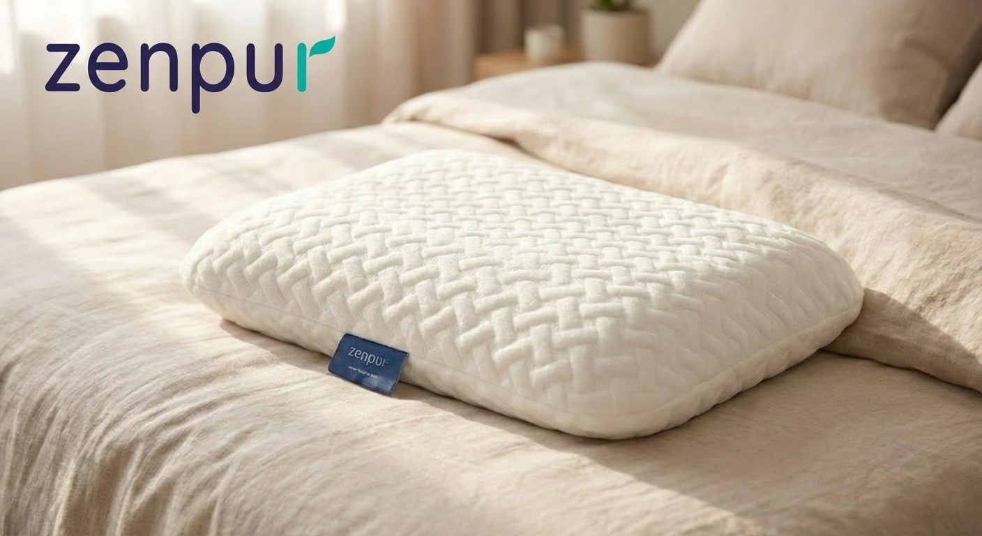 Oreiller ergonomique à mémoire de forme ZenPur posé sur un lit, affichant sa forme de vague pour le soutien cervical et sa housse texturée de qualité supérieure.
