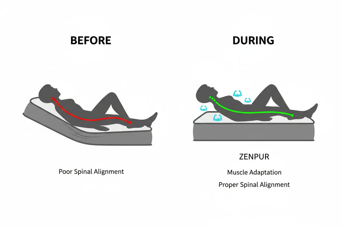 Schéma montrant la période d'adaptation d'un nouveau matelas Zenpur corrigeant l'alignement du dos.