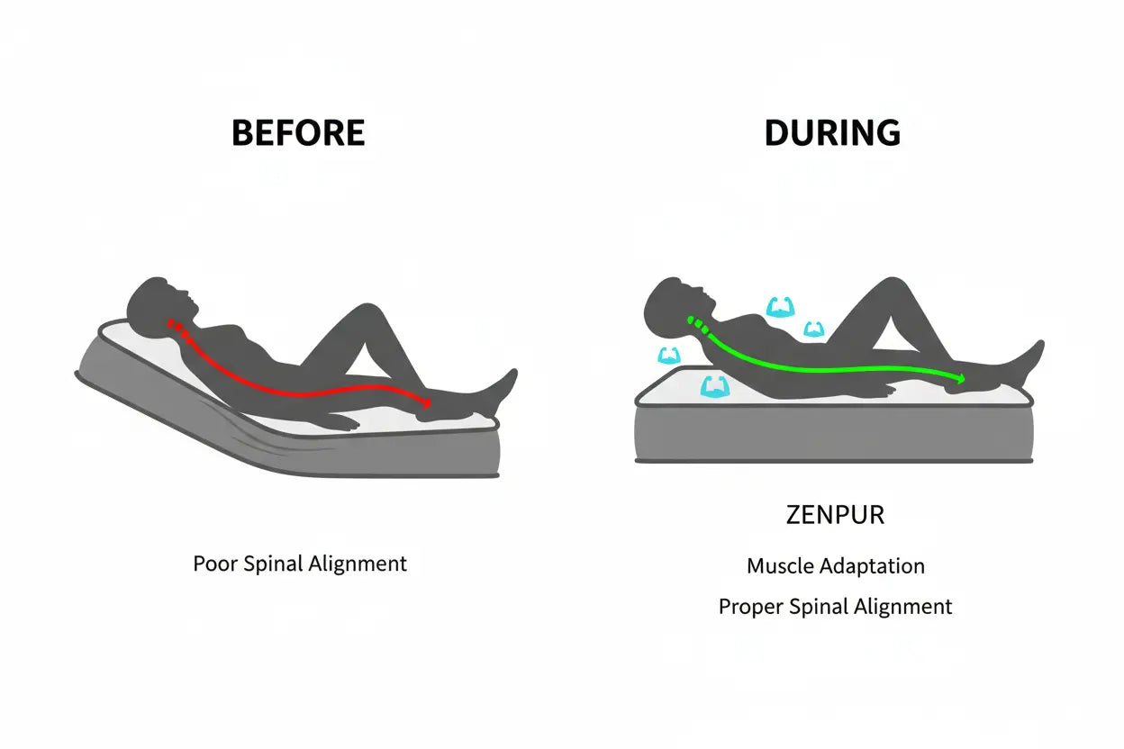 Schéma montrant la période d'adaptation d'un nouveau matelas Zenpur corrigeant l'alignement du dos.