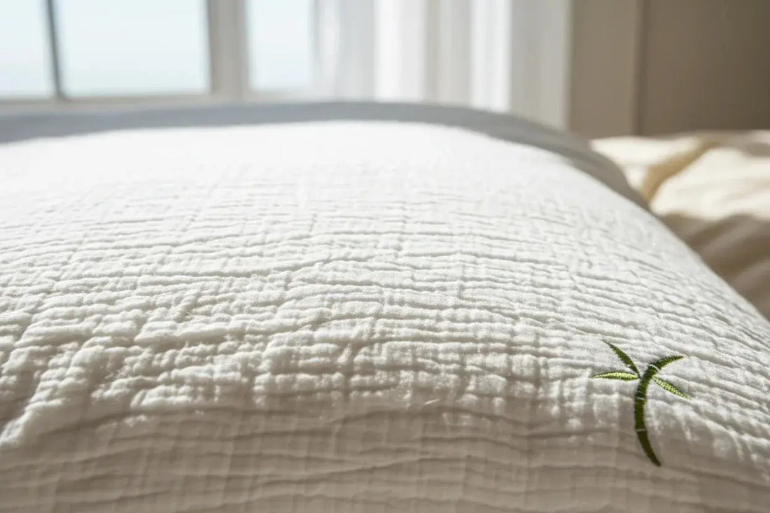 Macro-photographie de la housse en fibre de bambou de l'oreiller Zenpur, respirante et hypoallergénique.