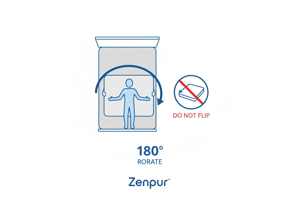 Guide d'entretien montrant comment pivoter (rotation) son matelas Zenpur pour en augmenter la durée de vie.