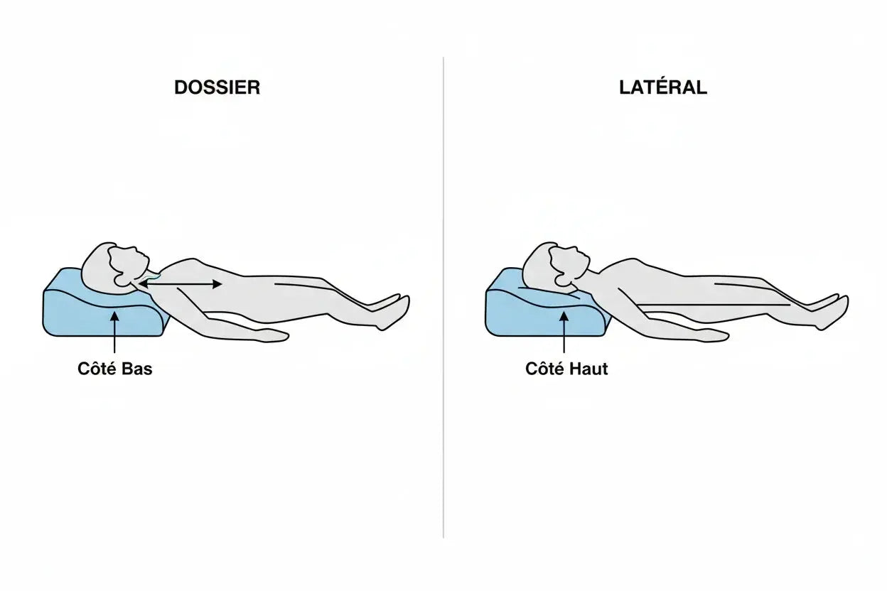 Schéma expliquant comment positionner un oreiller cervical à vague Zenpur pour dormir sur le dos ou le côté.