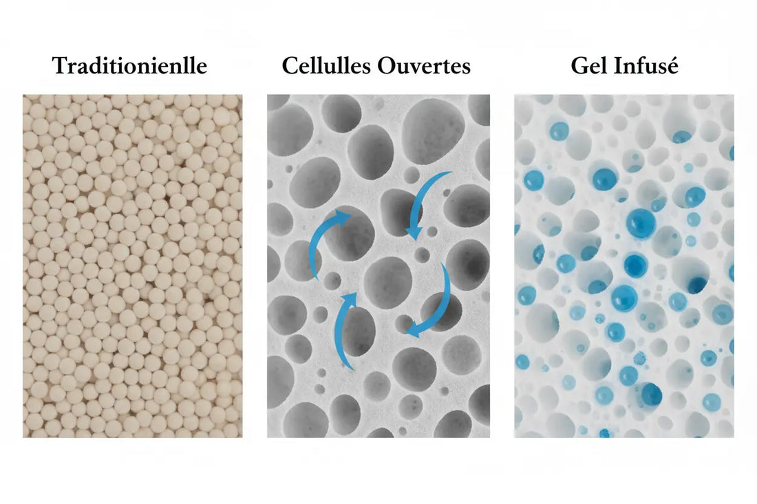 Comparaison des types de mousse à mémoire de forme : traditionnelle, à cellules ouvertes et infusée de gel Zenpur.