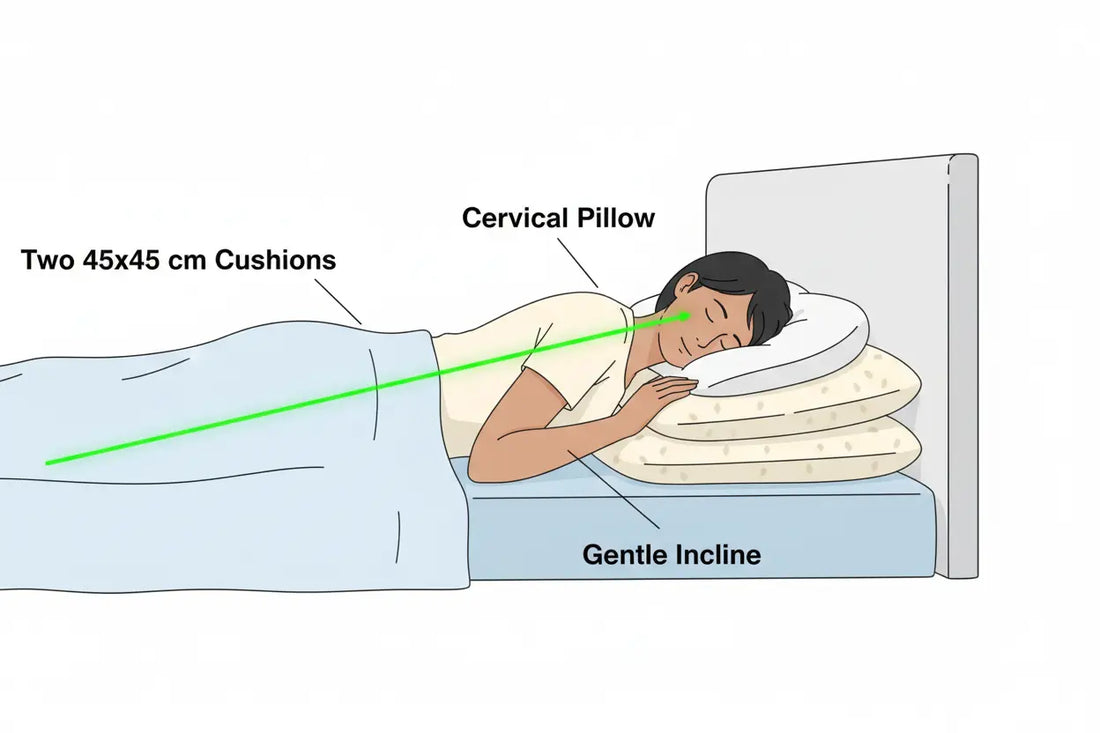 Schéma montrant le système d'inclinaison Zenpur (coussins 45x45 + oreiller cervical) pour soulager le RGO.