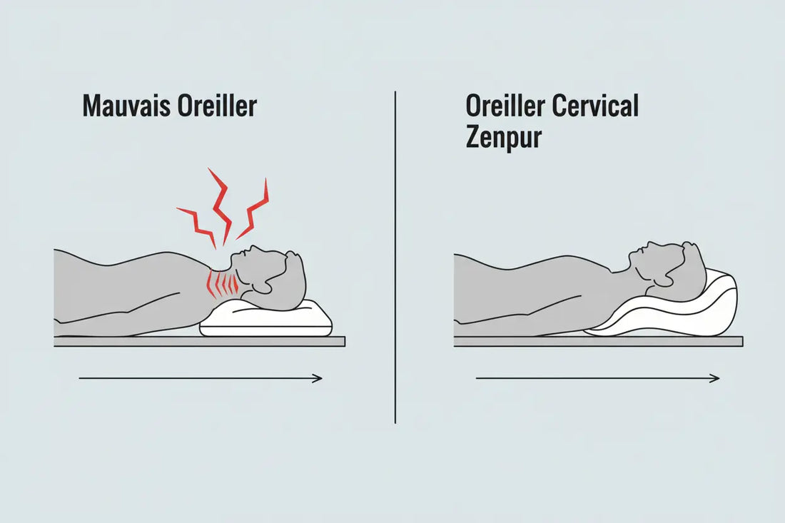 Schéma montrant l'oreiller cervical Zenpur soulageant le mal de tête matinal (céphalée de tension).