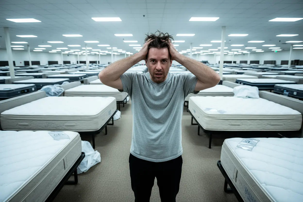 Personne confuse faisant une erreur en choisissant un matelas dans un magasin.