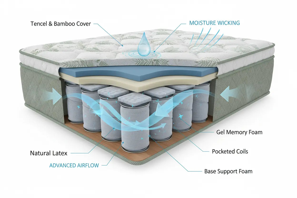 Illustration de la technologie respirante (airflow) et anti-humidité (Tencel) des matelas Zenpur pour sueurs nocturnes.