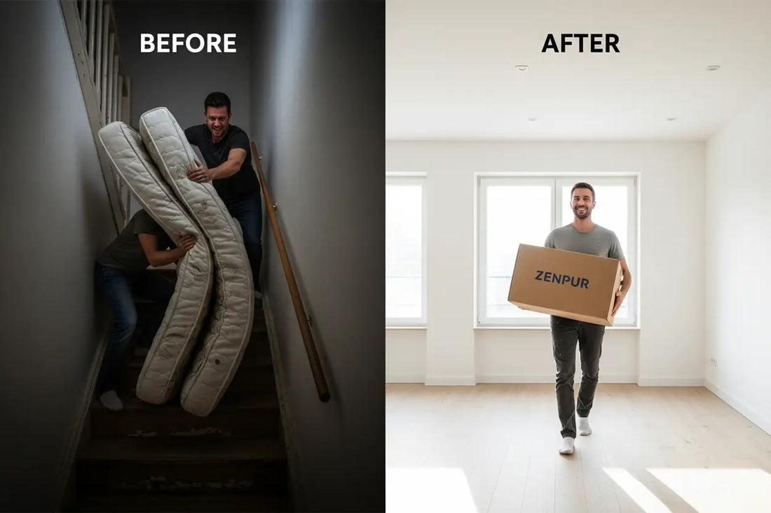 Comparaison entre le déménagement d'un vieux matelas et la livraison d'un matelas en boîte Zenpur.