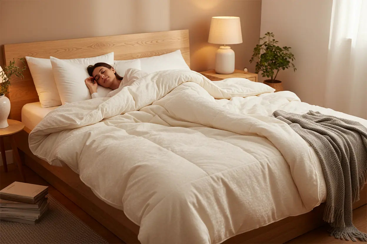 Personne dormant au chaud et confortablement sous la couette 4 saisons Zenpur.