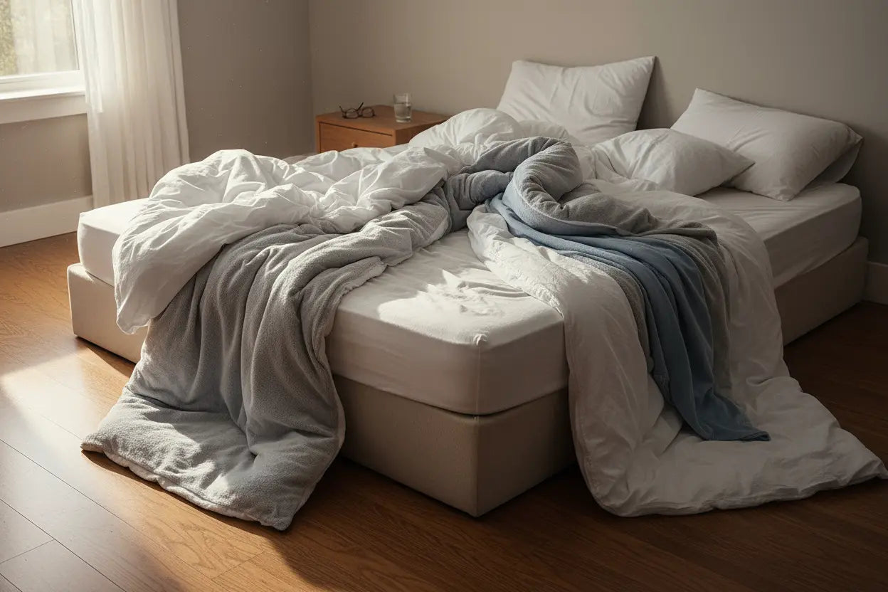 Draps de lit en désordre après une nuit de sommeil agité et d'agitation nocturne.