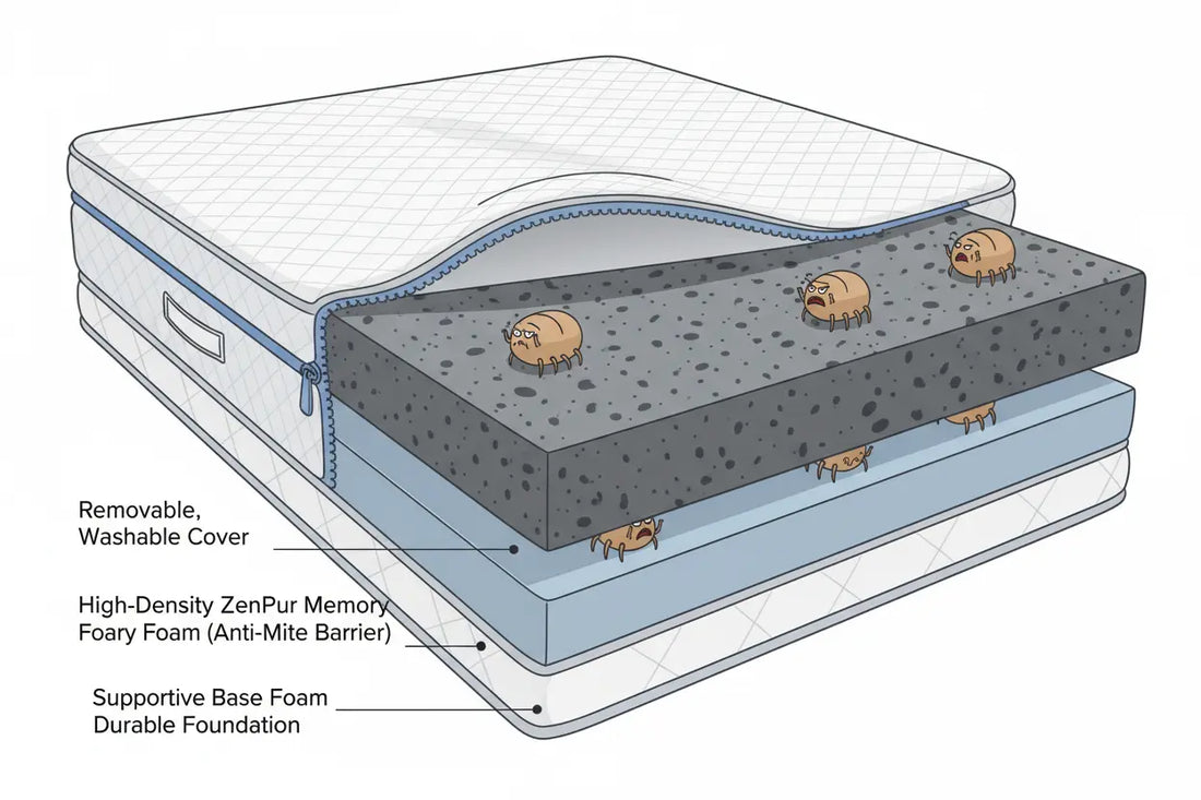 Schéma montrant la housse lavable et la mousse anti-acarien d'un matelas Zenpur.