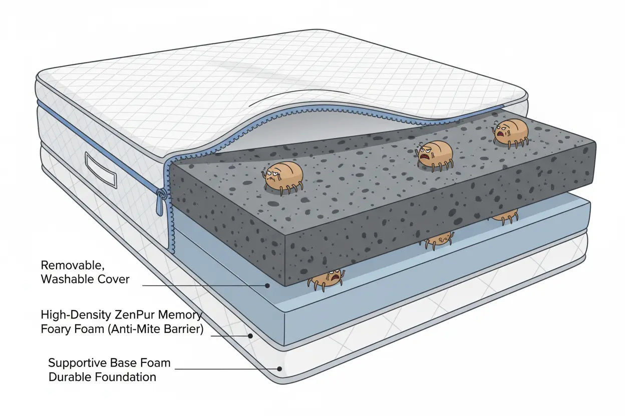 Schéma montrant la housse lavable et la mousse anti-acarien d'un matelas Zenpur.