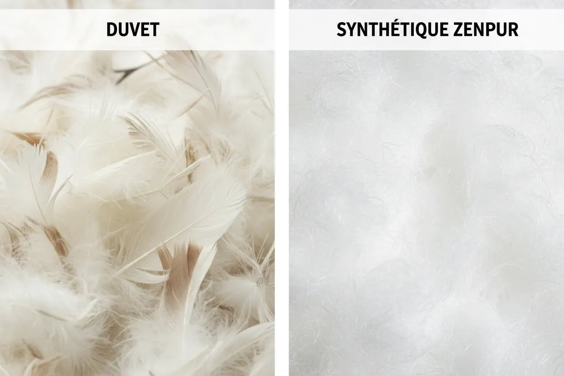 Comparaison du garnissage couette en duvet (plume) et couette synthétique Zenpur.