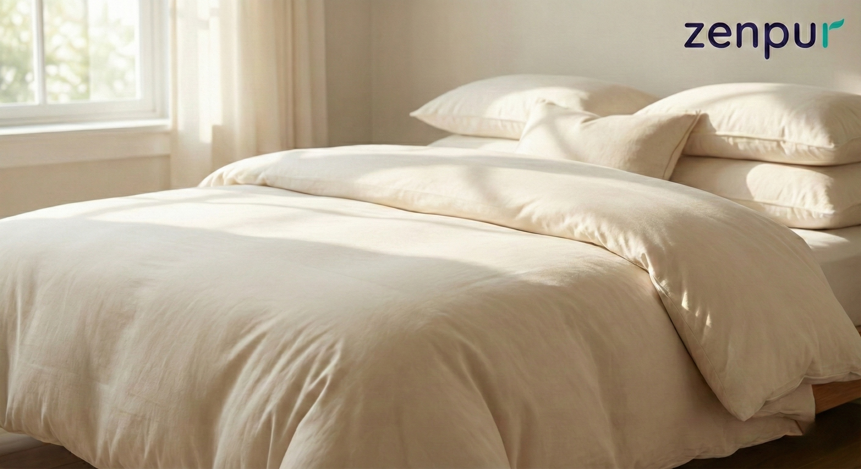 Couette naturelle ZenPur en fibres de bambou et oreillers disposés avec élégance sur un lit luxueux et confortable.