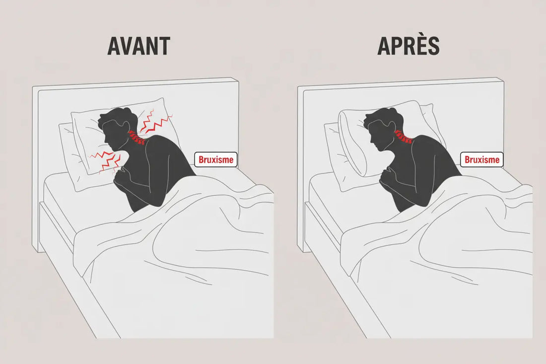 Schéma montrant l'oreiller cervical Zenpur soulageant le bruxisme et la tension de la mâchoire.