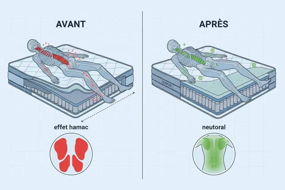 Illustration montrant comment un matelas Zenpur corrige l'effet hamac et soulage la douleur lombaire.