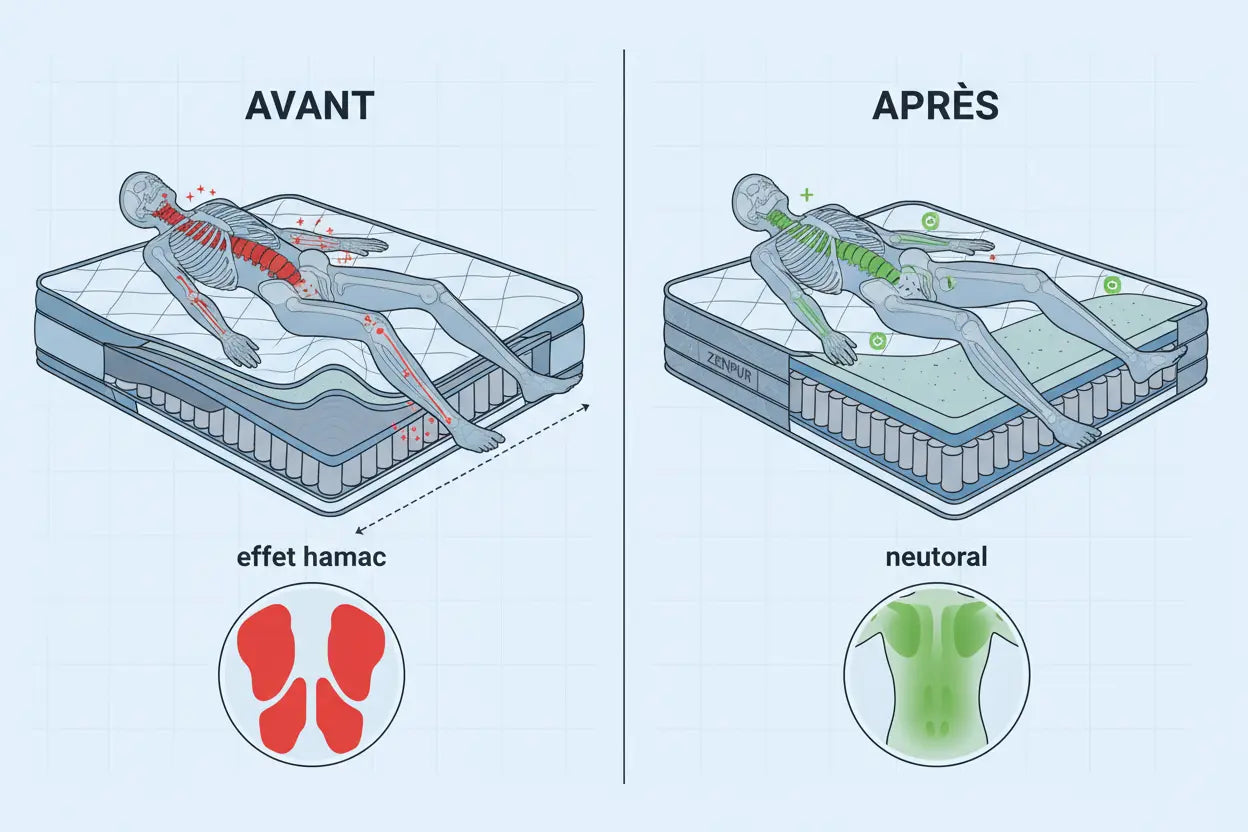 Illustration montrant comment un matelas Zenpur corrige l'effet hamac et soulage la douleur lombaire.