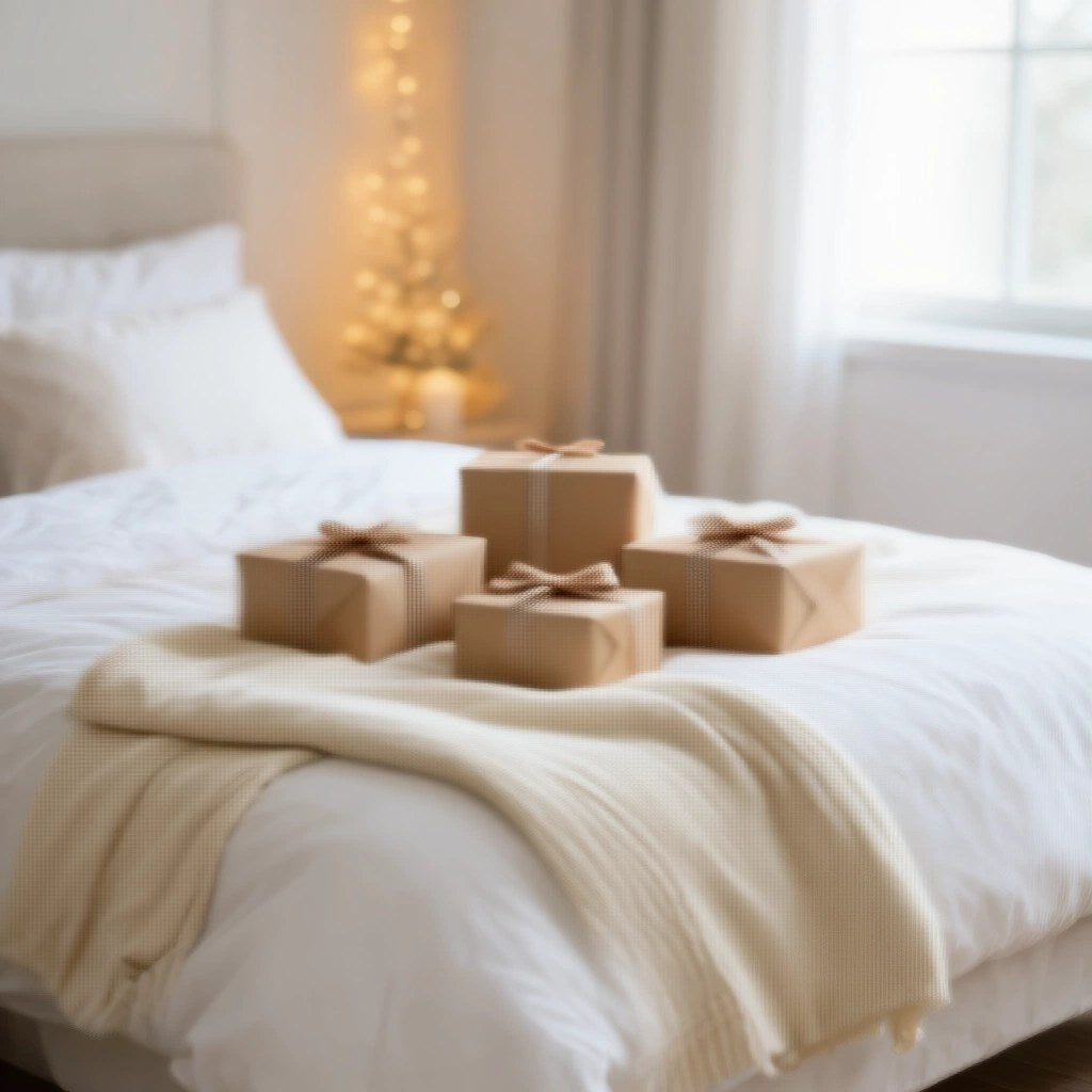 Cadeaux de Noël emballés posés sur un lit fait avec un plaid grosse maille ZenPur