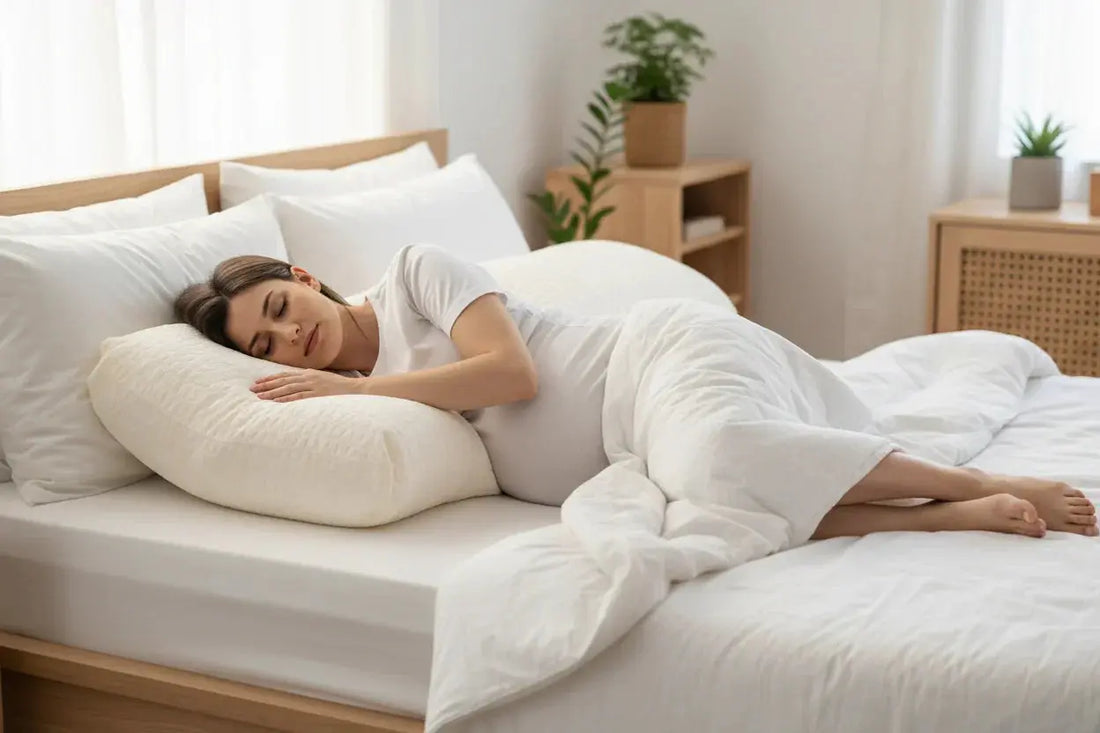 Femme enceinte dormant sur le côté avec un coussin de grossesse (oreiller de corps) Zenpur pour le soutien.