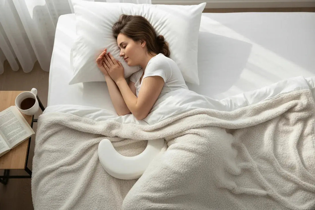 Personne utilisant l'oreiller de corps Zenpur Le Pillow entre les genoux pour soulager une sciatique.