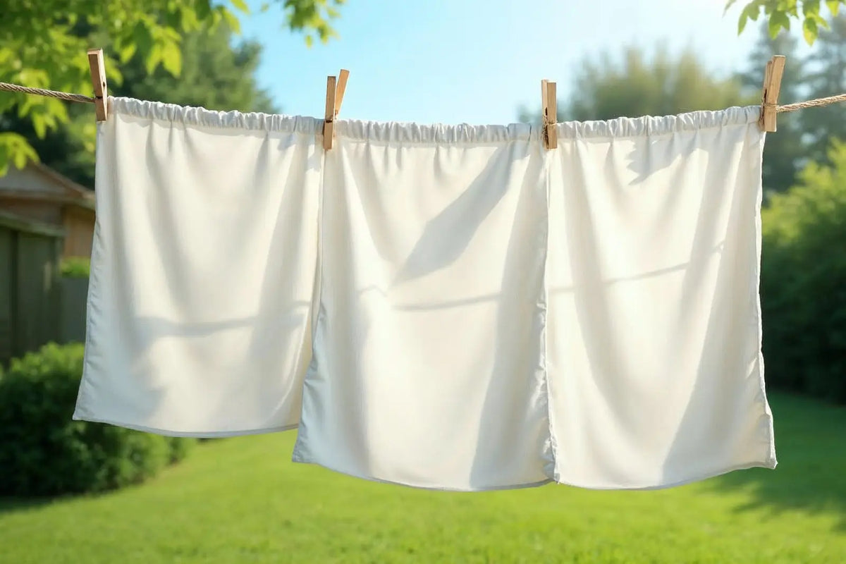 Draps blancs gonflés par le vent sur une corde à linge au soleil