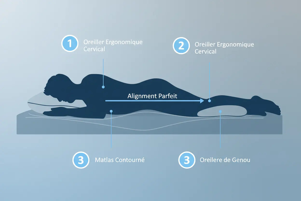 Schéma du système de sommeil Zenpur pour dormeur sur le côté (matelas, oreiller, coussin genoux)