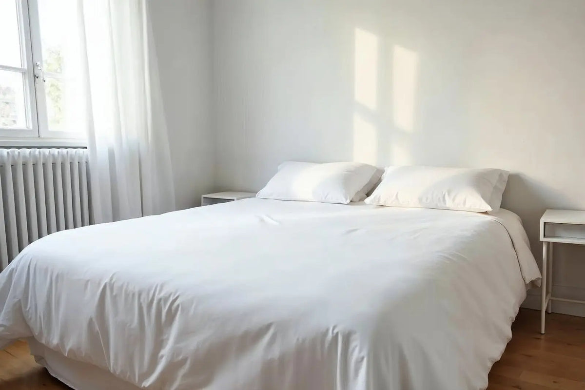 Linge de lit blanc et frais sur un lit fait dans une chambre lumineuse