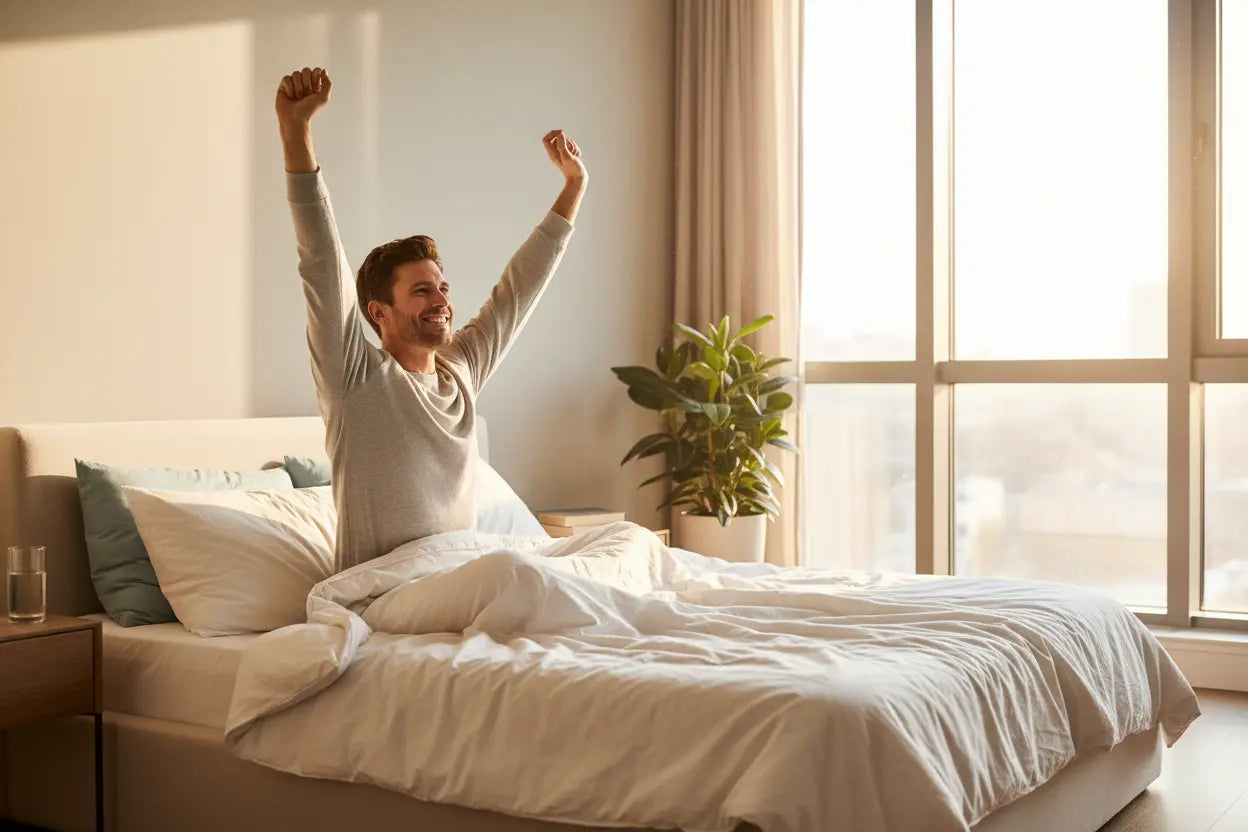 Personne se réveillant en forme, montrant les bienfaits du sommeil Zenpur sur la concentration et la mémoire.