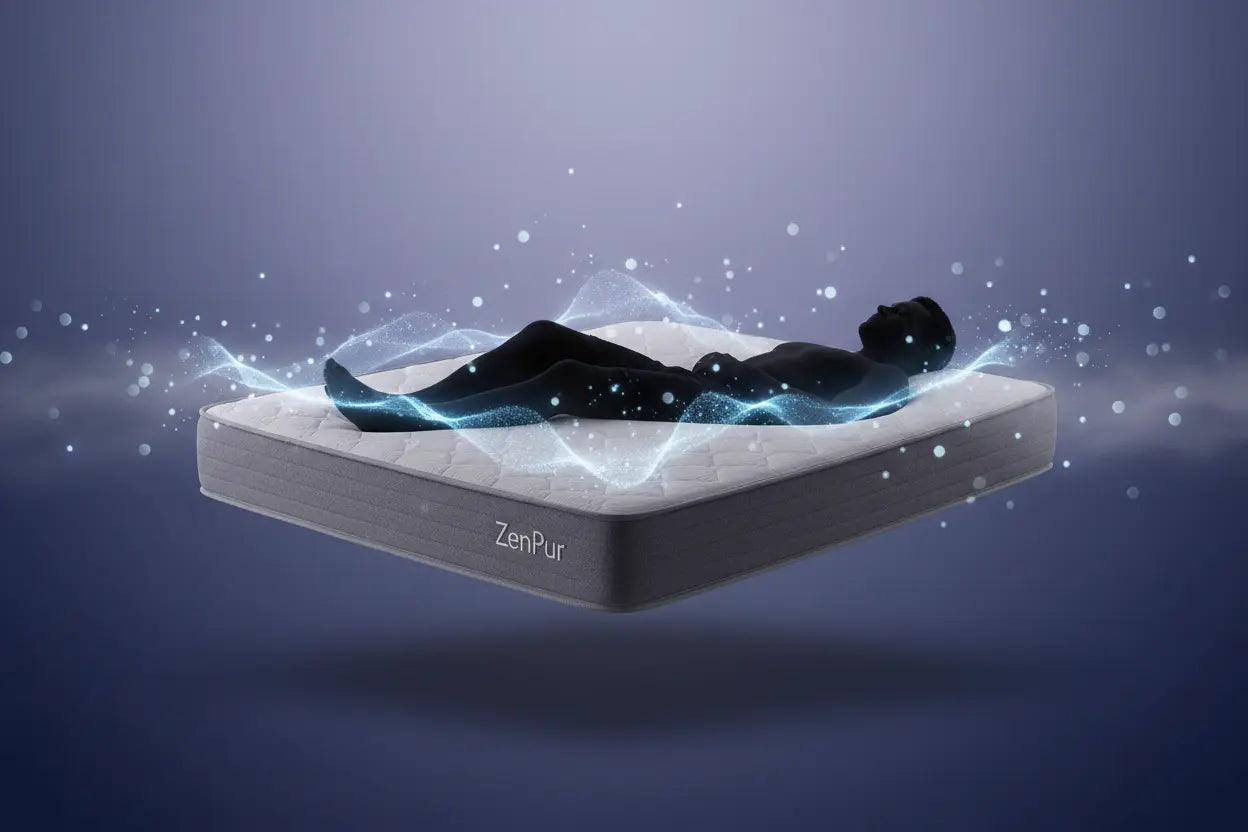 Personne atteinte de fibromyalgie soulagée des points de pression ("zéro pression") sur un matelas Zenpur.