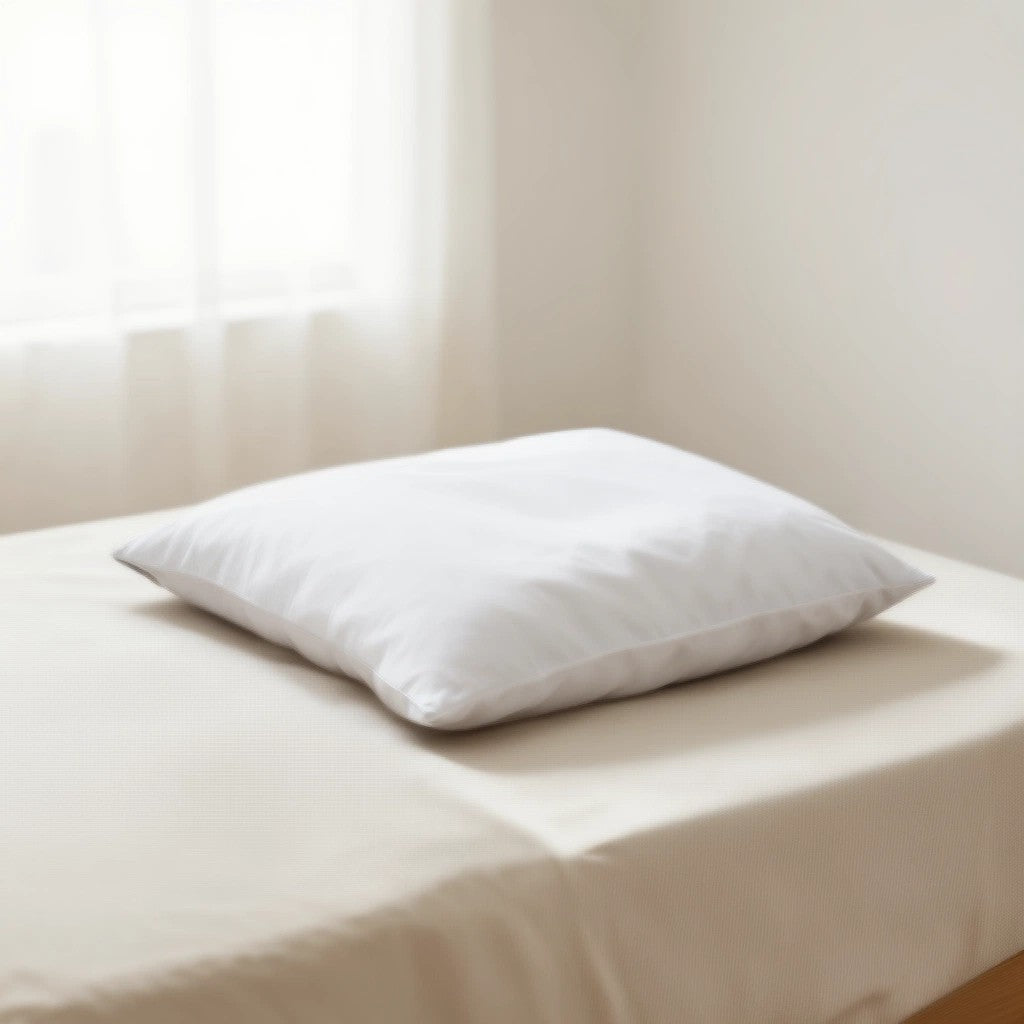 Oreiller plat posé sur un lit fait, chambre lumineuse ZenPur
