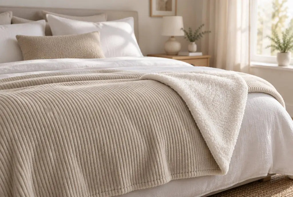 Plaid sherpa écru posé sur un lit fait, dans la douce lumière du matin