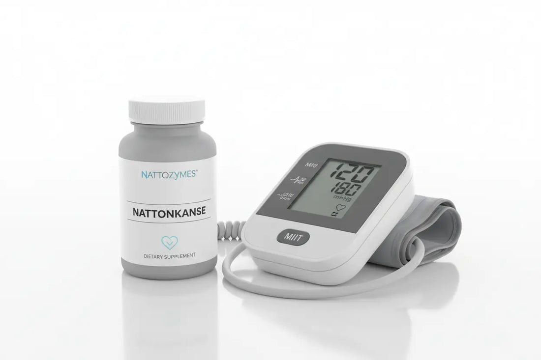 Nattokinase bottle next to a blood pressure cuff, symbolizing its natural support for maintaining healthy blood pressure levels.