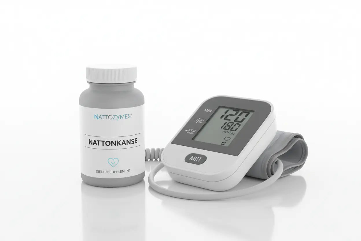 Nattokinase bottle next to a blood pressure cuff, symbolizing its natural support for maintaining healthy blood pressure levels.