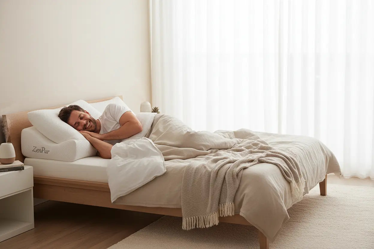 Un homme dormant paisiblement sans ronfler grâce à l'oreiller ergonomique ZenPur