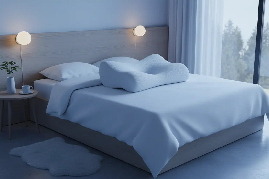 Oreiller ergonomique à mémoire de forme sur un lit, dans une chambre apaisante