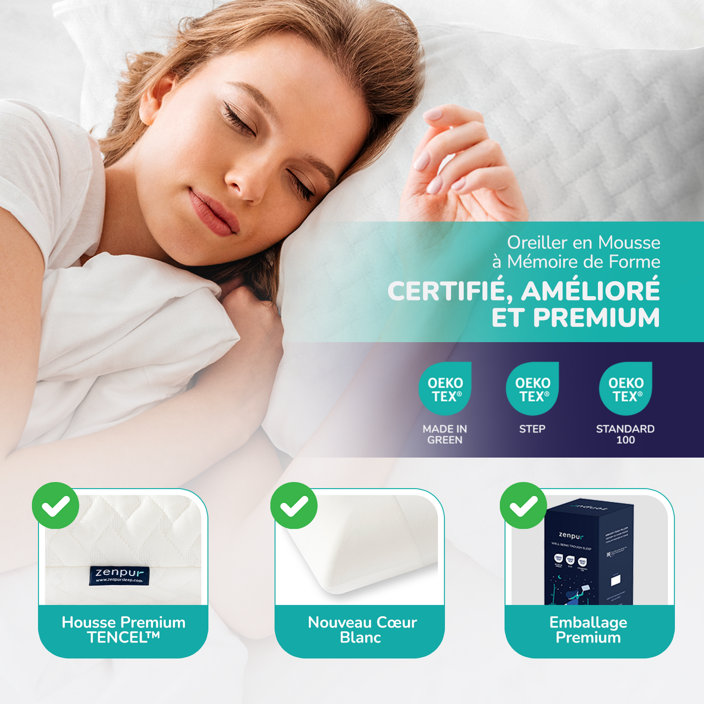 ZenPur - Ergonomic Cervical Memory Foam Pillow Designed in France & Made in Europe - Oeko Tex Certified.