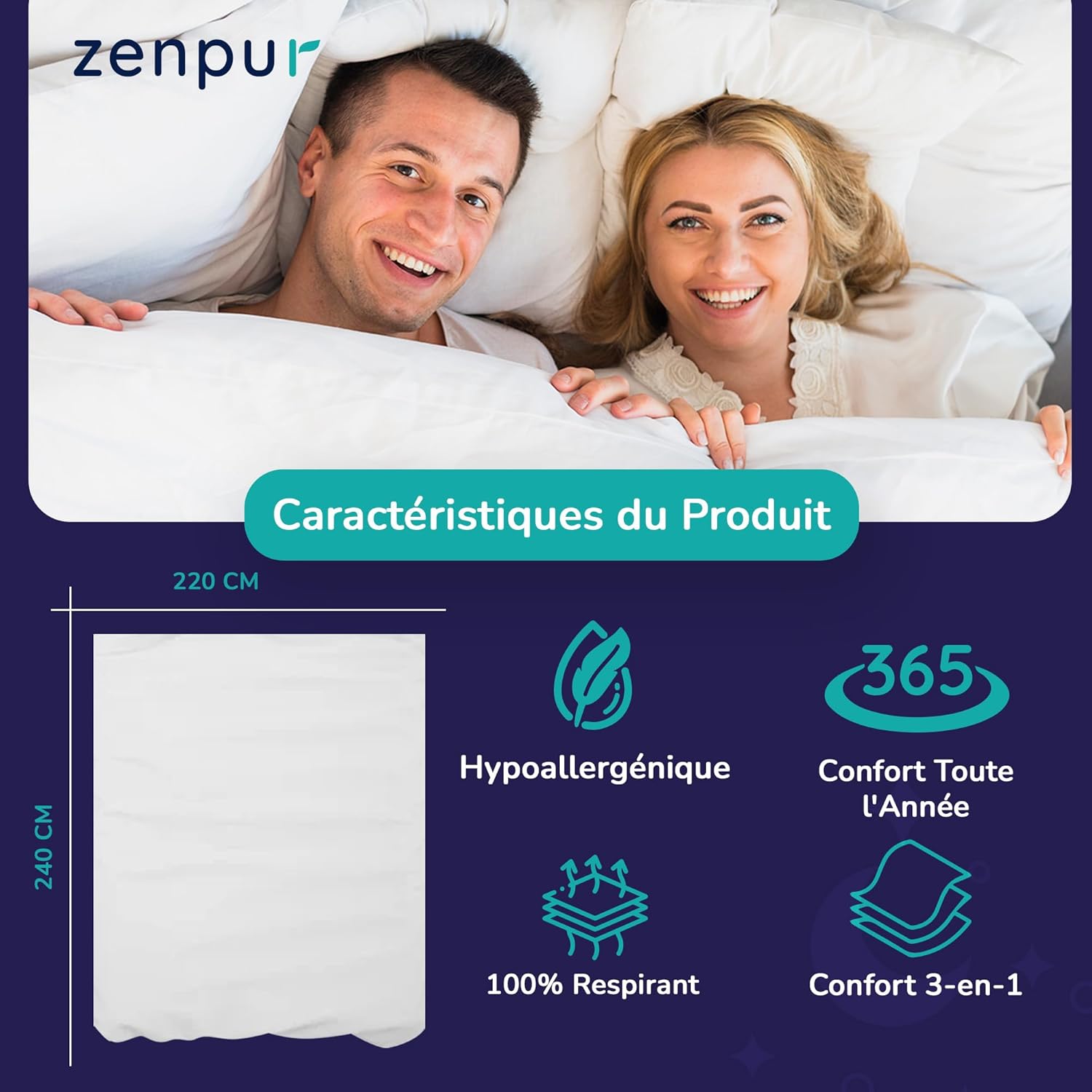 ZenPur Couette Premium - Chaleur Confortable - Fabriqué en UE, Certifié Norme Oeko-TEX 100, Alliez Qualité et Élégance! ZenPur