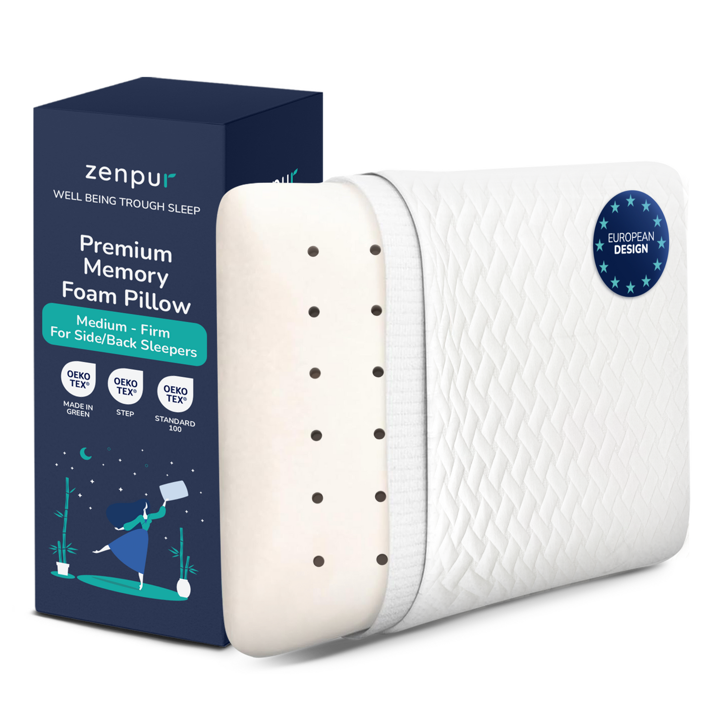 ZenPur - Ergonomic Cervical Memory Foam Pillow Designed in France & Made in Europe - Oeko Tex Certified.