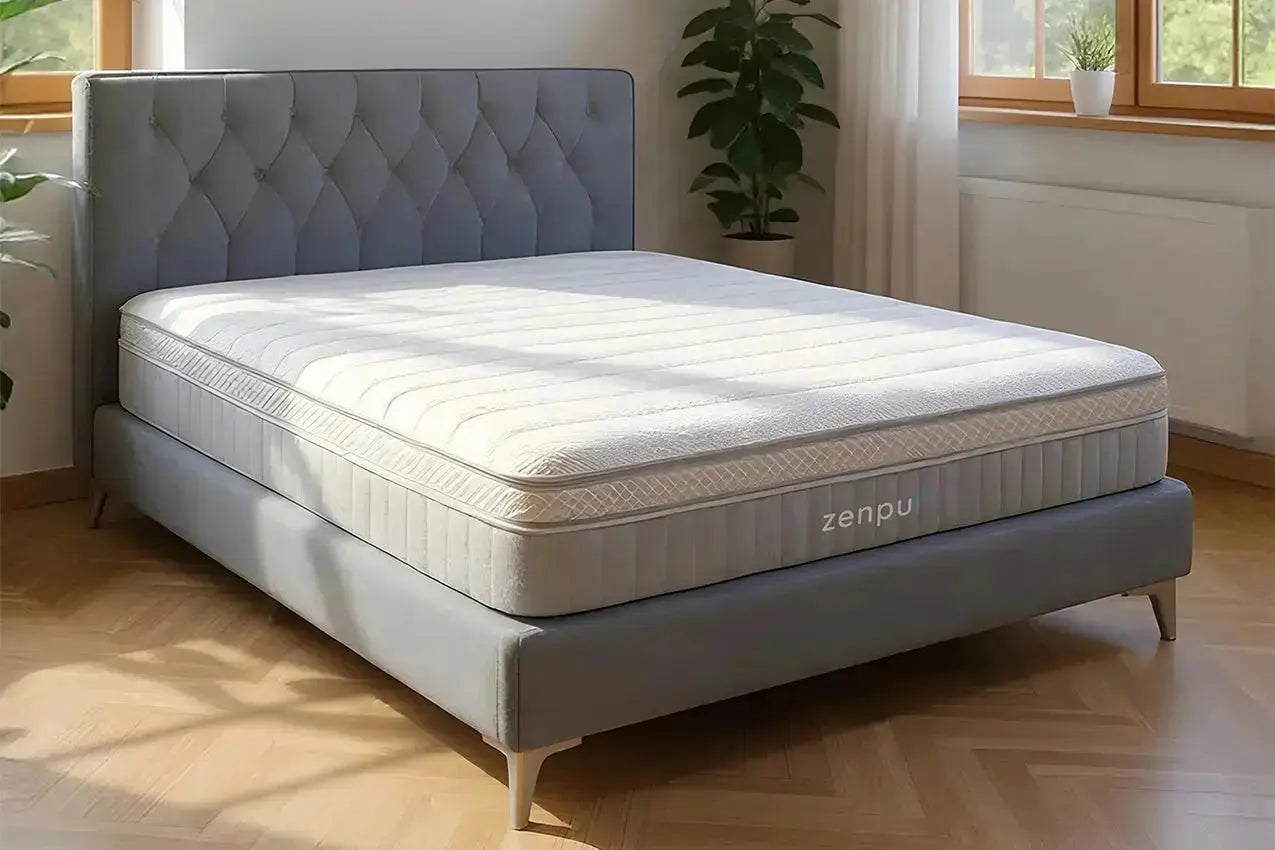 Matelas Elite Hybride ZenPur® posé sur lit double, soutien cervical, régulation thermique et confort luxueux