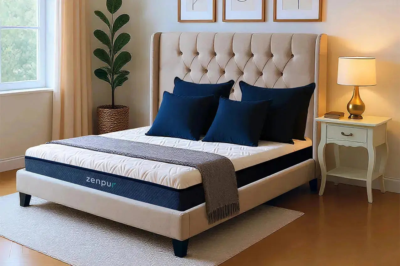 Matelas Premium ZenPur sur lit, confort ergonomique et anti-chaleur pour sommeil réparateur