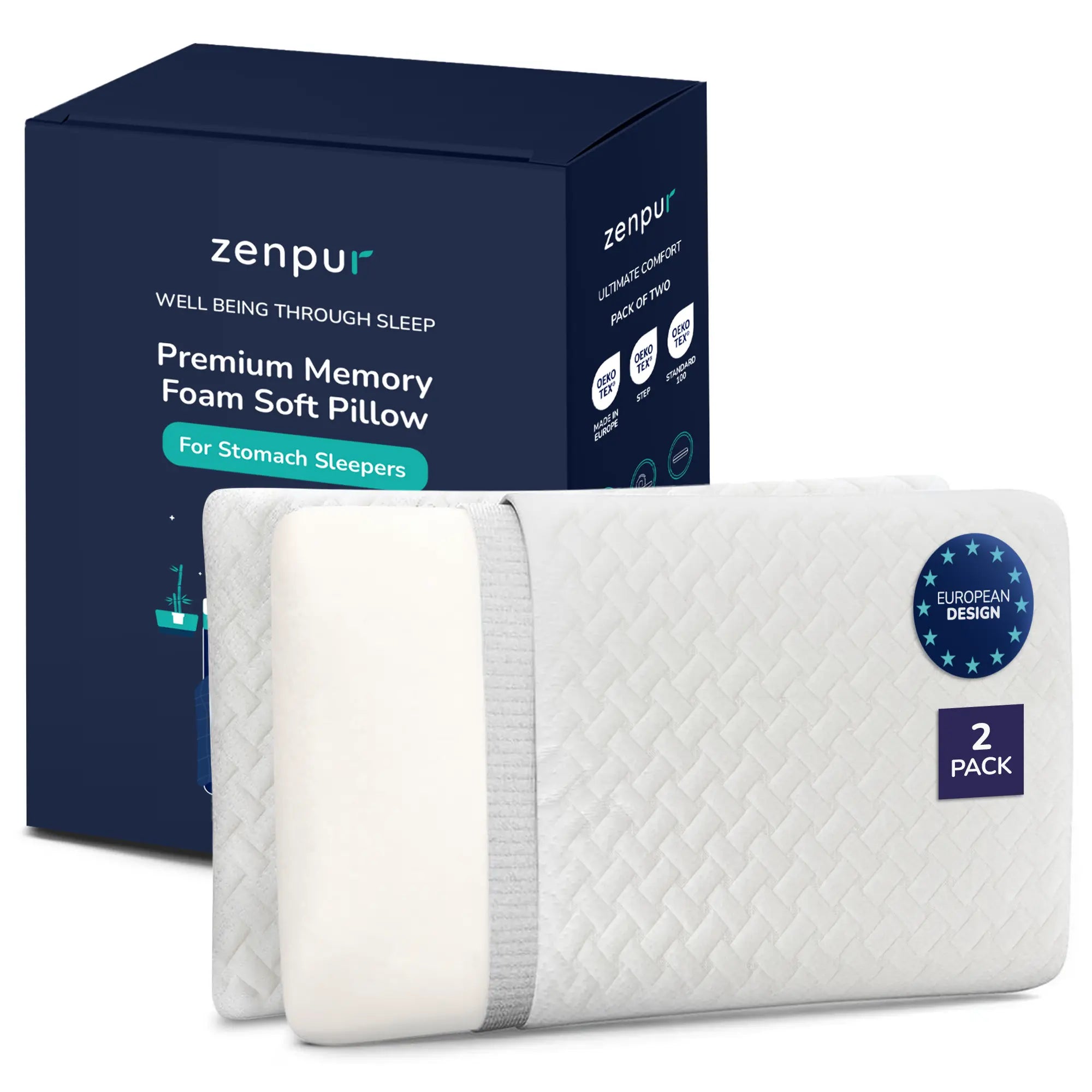 Oreiller ZenPur mémoire de forme dans son emballage certifié Oeko-TEX, prêt à l’emploi