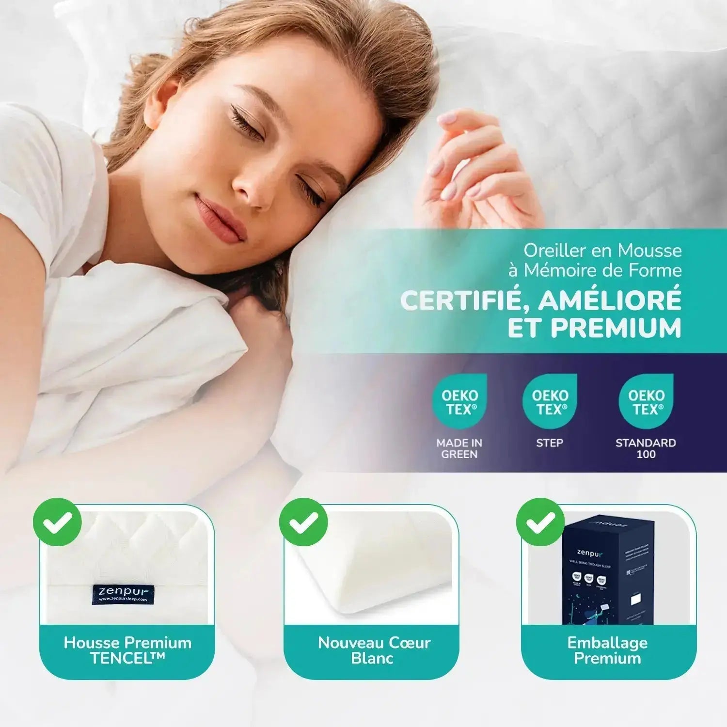 Oreiller ZenPur mémoire de forme offrant un alignement optimal de la colonne vertébrale