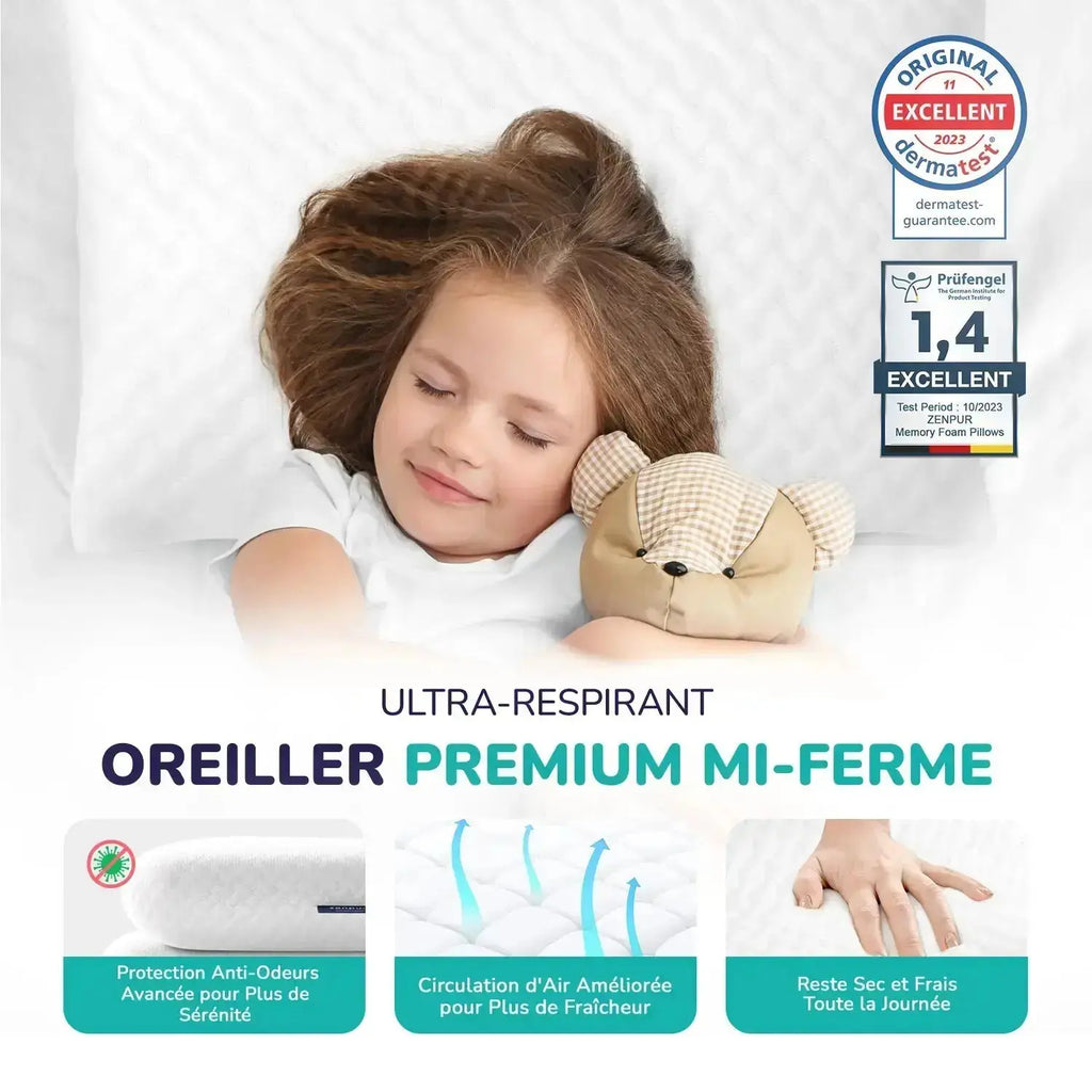 Oreiller ZenPur placé sur un lit moderne pour un confort ergonomique au quotidien