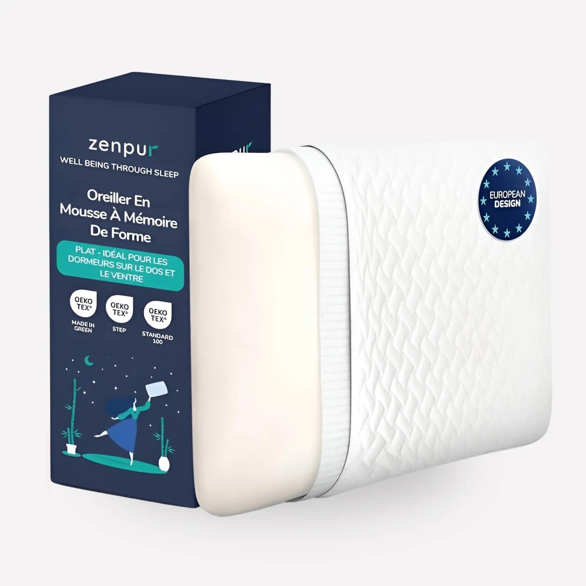 Oreiller ZenPur plat ergonomique, conçu pour les dormeurs sur le ventre et une position naturelle de sommeil