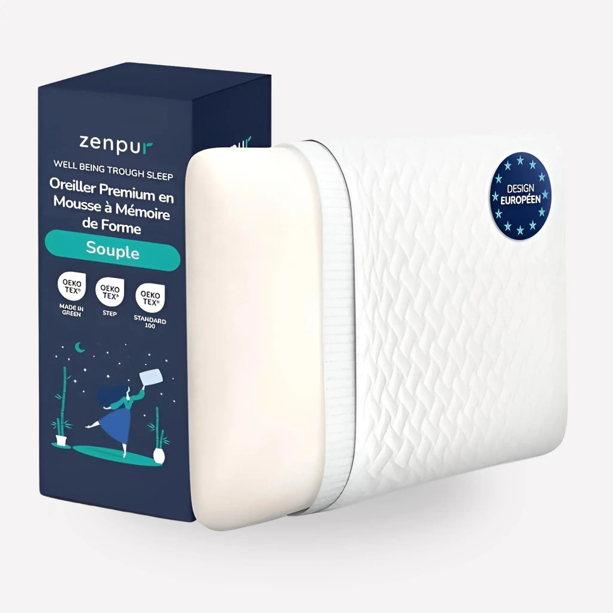Oreiller ZenPur souple et moelleux, idéal pour un confort doux et une sensation enveloppante