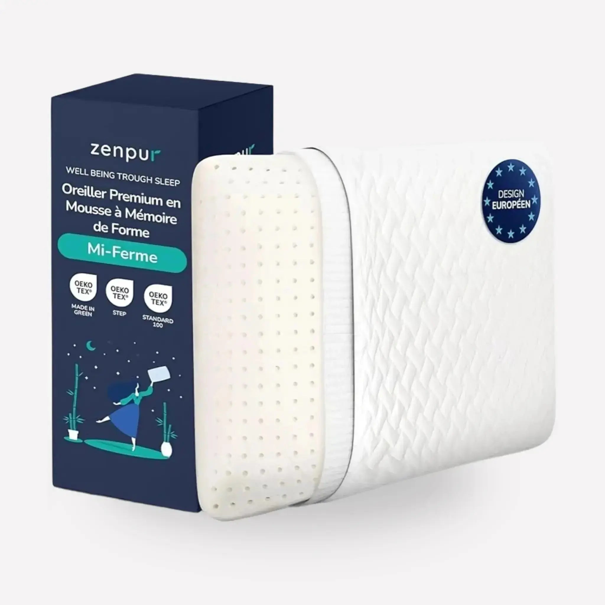 Oreiller mémoire de forme ZenPur cervical ergonomique, soutien ferme extra confort pour un sommeil réparateur