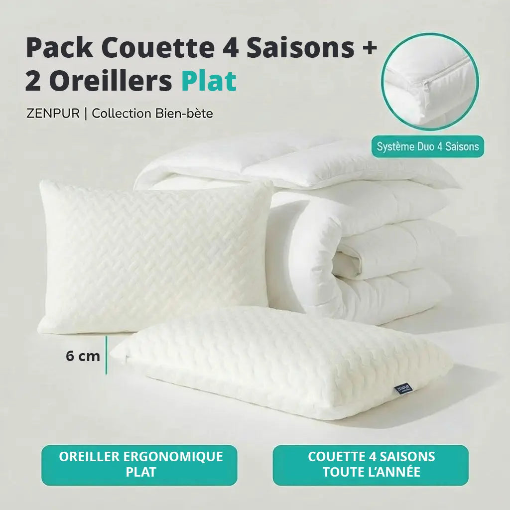 Pack 1 Couette 4 Saisons + 2 Oreillers Mémoire de Forme PLAT ZenPur