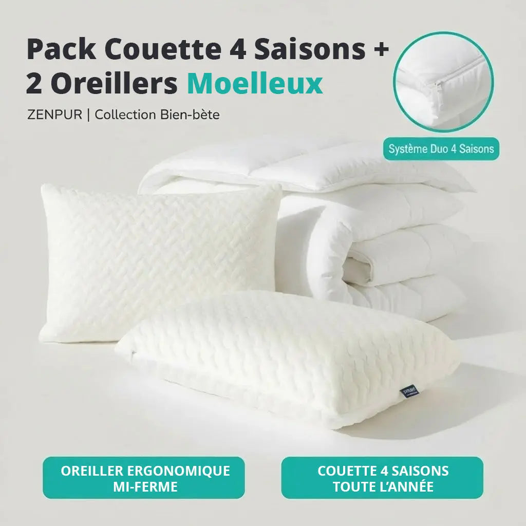 Pack 1 Couette 4 Saisons + 2 Oreillers Mémoire de Forme MOELLEUX ZenPur